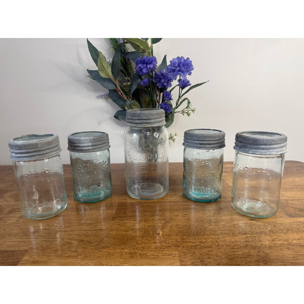 Vintage Crown Mason Jar Set Blue Green Glass Zinc Lids Canadian Preserving Jars